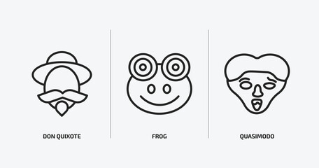 education outline icons set. education icons such as don quixote, frog, quasimodo vector. can be used web and mobile.
