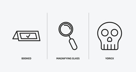 education outline icons set. education icons such as booked, magnifying glass, yorick vector. can be used web and mobile.