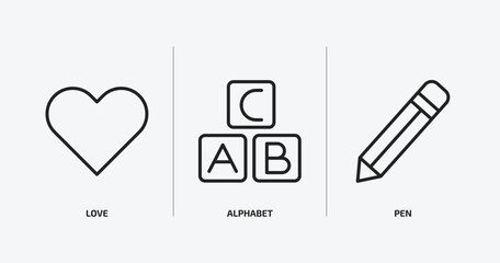 education outline icons set. education icons such as love, alphabet, pen vector. can be used web and mobile.