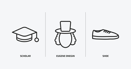 education outline icons set. education icons such as scholar, eugene onegin, shoe vector. can be used web and mobile.
