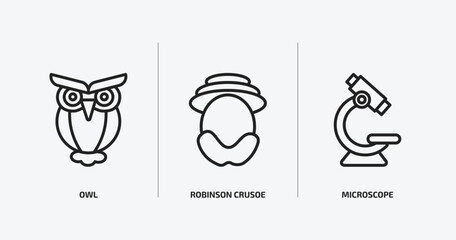 education outline icons set. education icons such as owl, robinson crusoe, microscope vector. can be used web and mobile. - obrazy, fototapety, plakaty