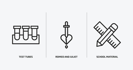 education outline icons set. education icons such as test tubes, romeo and juliet, school material vector. can be used web and mobile.