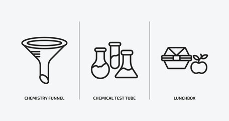education outline icons set. education icons such as chemistry funnel, chemical test tube, lunchbox vector. can be used web and mobile.