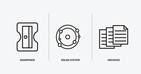 education outline icons set. education icons such as sharpener, solar system, archives vector. can be used web and mobile.