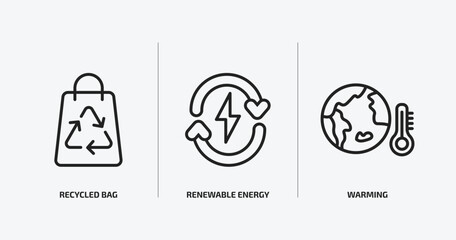 ecology outline icons set. ecology icons such as recycled bag, renewable energy, warming vector. can be used web and mobile.