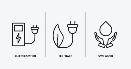 ecology outline icons set. ecology icons such as electric station, eco power, save water vector. can be used web and mobile.