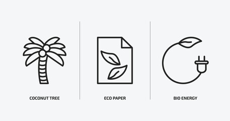 ecology outline icons set. ecology icons such as coconut tree, eco paper, bio energy vector. can be used web and mobile.