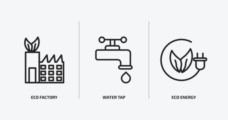 ecology outline icons set. ecology icons such as eco factory, water tap, eco energy vector. can be used web and mobile.