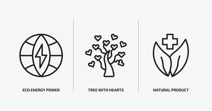 ecology outline icons set. ecology icons such as eco energy power, tree with hearts, natural product vector. can be used web and mobile.