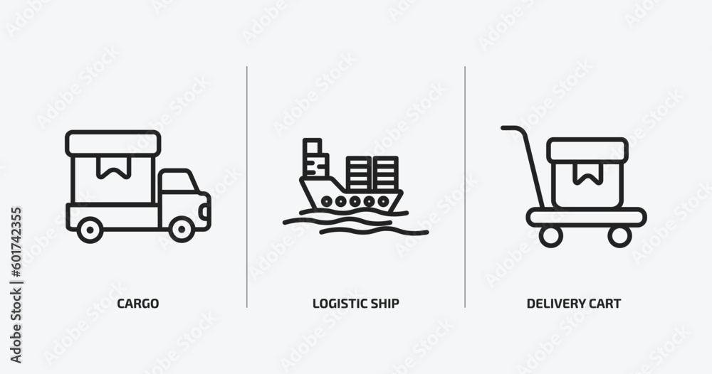 Poster delivery and logistic outline icons set. delivery and logistic icons such as cargo, logistic ship, d