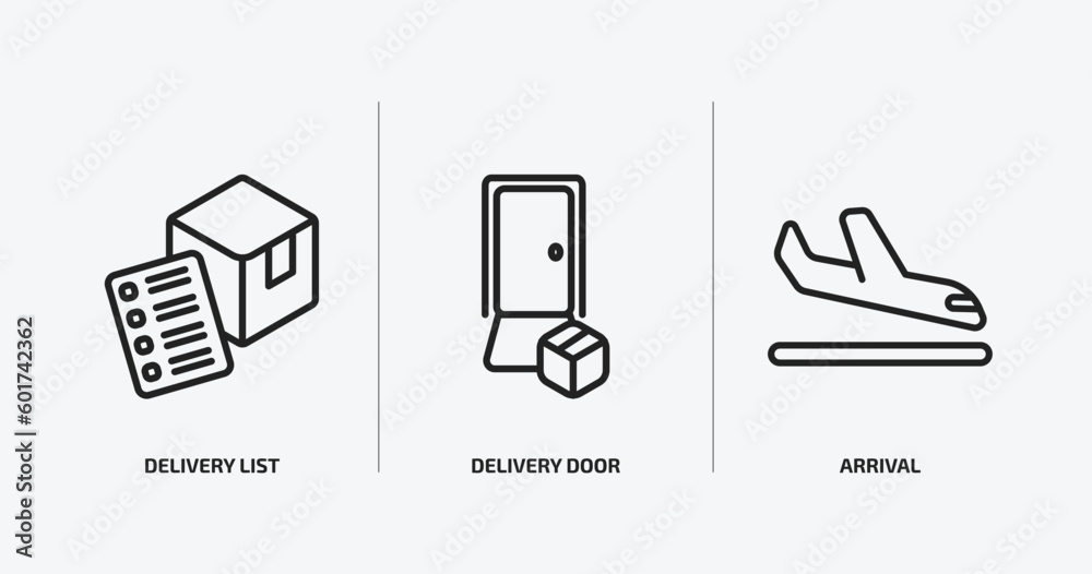 Poster delivery and logistic outline icons set. delivery and logistic icons such as delivery list, door, ar
