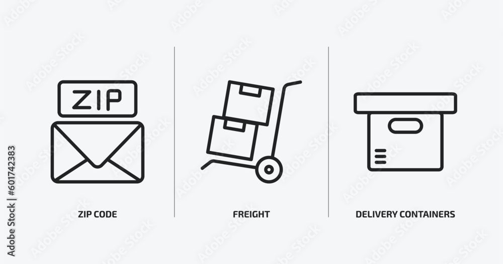 Poster delivery and logistic outline icons set. delivery and logistic icons such as zip code, freight, deli