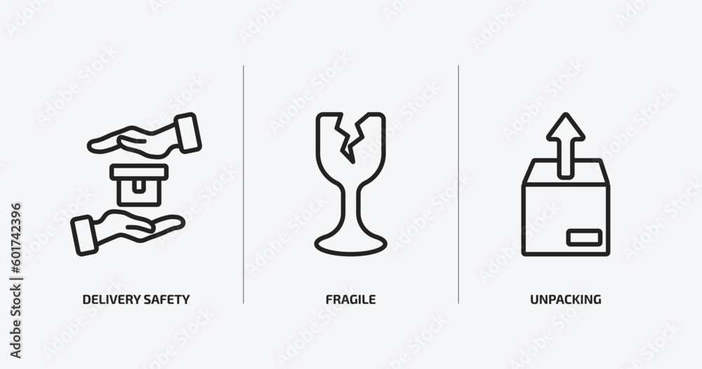Poster delivery and logistic outline icons set. delivery and logistic icons such as delivery safety, fragil