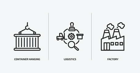 delivery and logistic outline icons set. delivery and logistic icons such as container hanging, logistics, factory vector. can be used web and mobile.