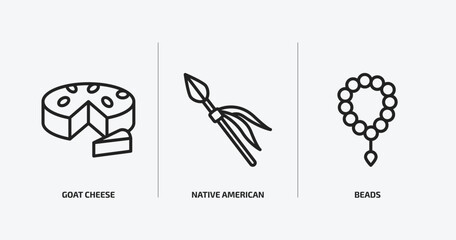 cultures outline icons set. cultures icons such as goat cheese, native american spear, beads vector. can be used web and mobile.