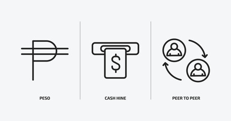cryptocurrency outline icons set. cryptocurrency icons such as peso, cash hine, peer to peer vector. can be used web and mobile.