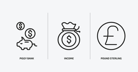 cryptocurrency outline icons set. cryptocurrency icons such as piggy bank, income, pound sterling vector. can be used web and mobile.