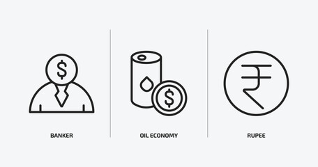 cryptocurrency outline icons set. cryptocurrency icons such as banker, oil economy, rupee vector. can be used web and mobile.