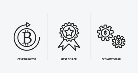 cryptocurrency outline icons set. cryptocurrency icons such as crypto invest, best seller, economy gear vector. can be used web and mobile.
