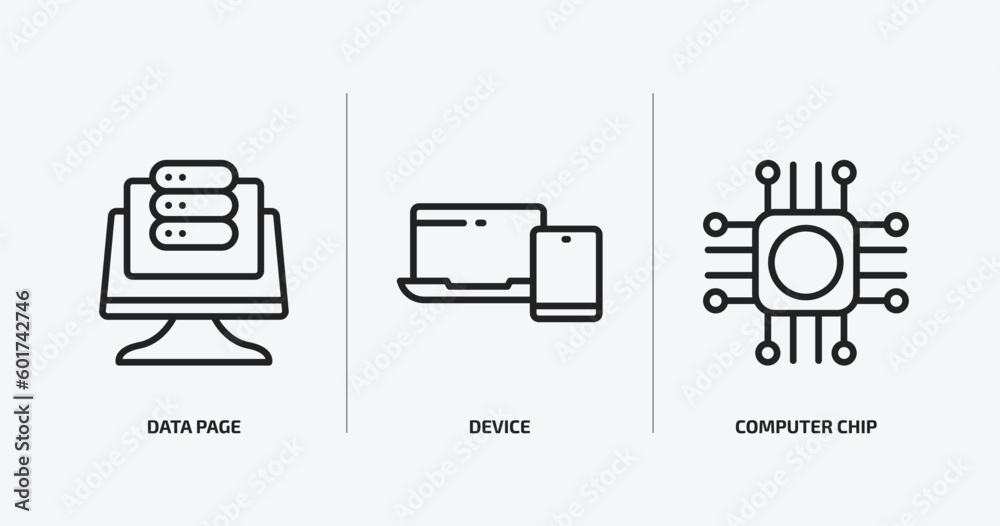 Poster computer outline icons set. computer icons such as data page, device, computer chip vector. can be u