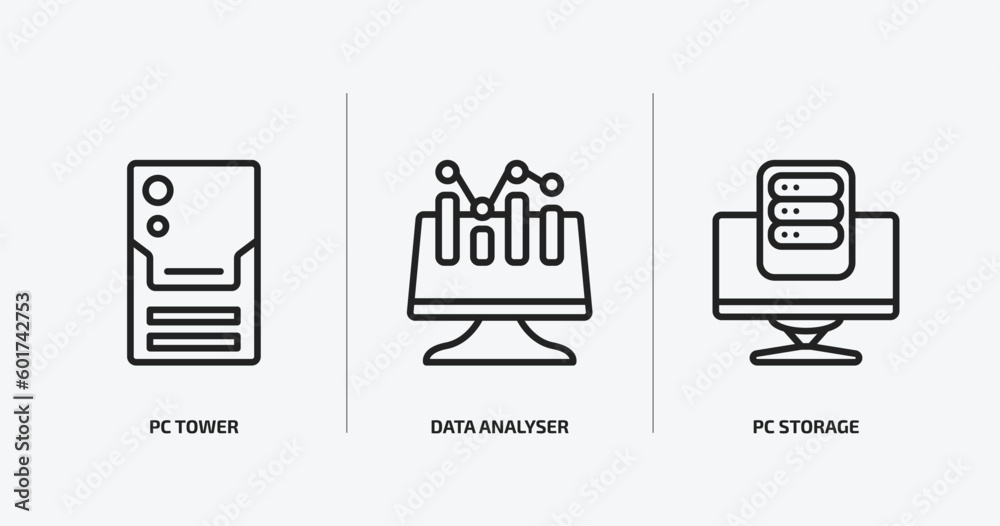 Poster computer outline icons set. computer icons such as pc tower, data analyser, pc storage vector. can b