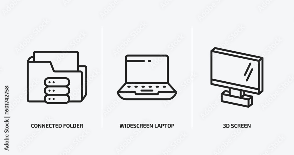 Poster computer outline icons set. computer icons such as connected folder data, widescreen laptop, 3d scre