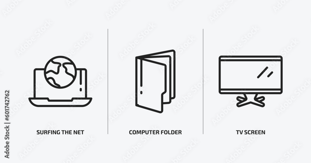 Poster computer outline icons set. computer icons such as surfing the net, computer folder, tv screen vecto