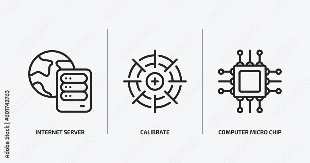 Poster computer outline icons set. computer icons such as internet server, calibrate, computer micro chip v