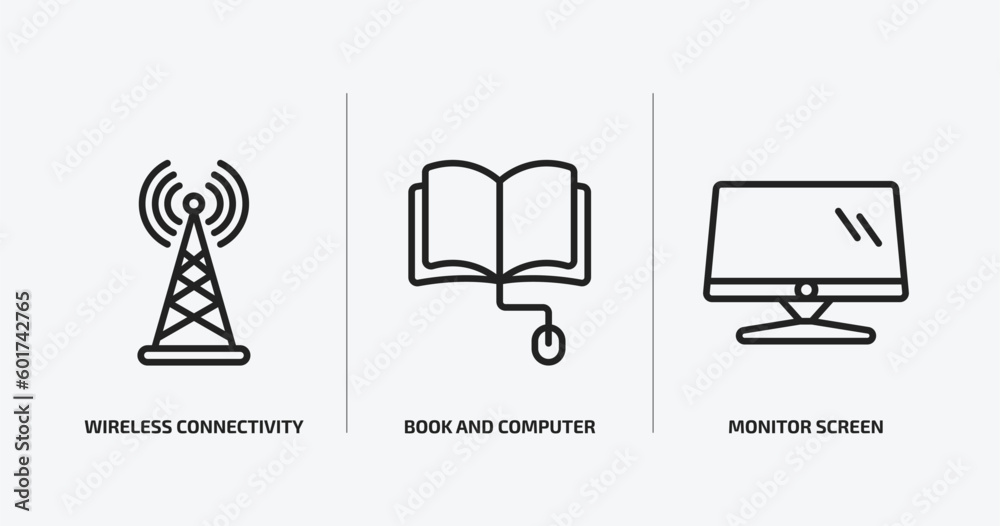Poster computer outline icons set. computer icons such as wireless connectivity, book and computer mouse, m