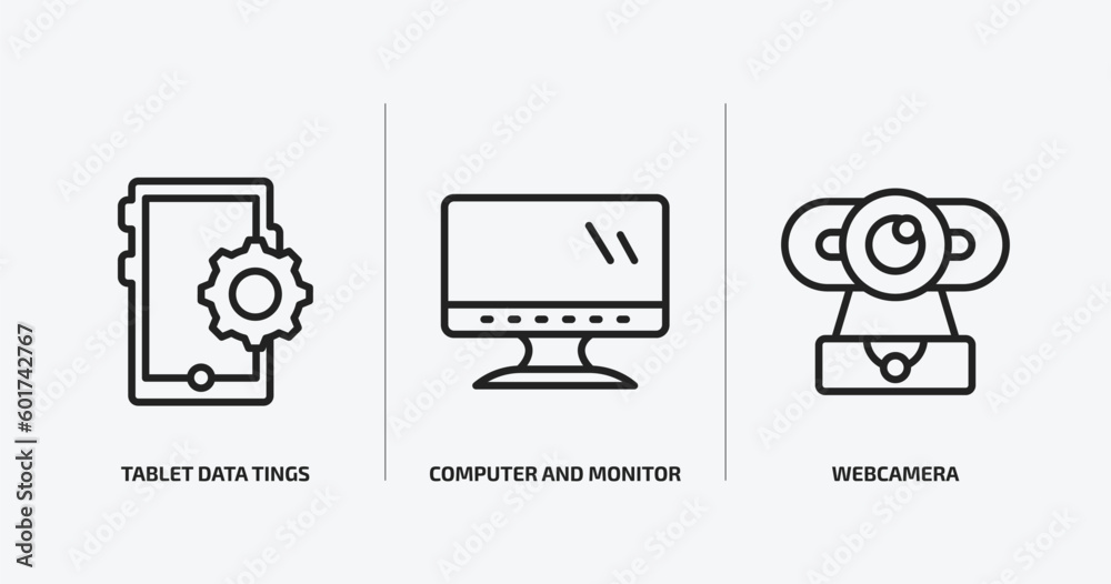 Poster computer outline icons set. computer icons such as tablet data tings, computer and monitor, webcamer