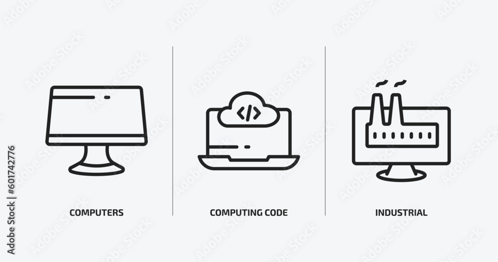 Poster computer outline icons set. computer icons such as computers, computing code, industrial vector. can