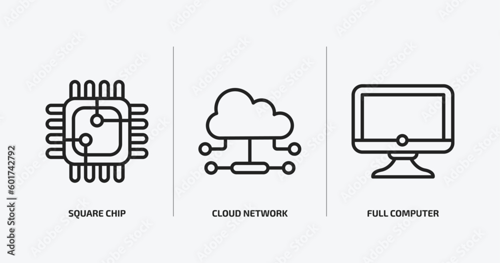 Poster computer outline icons set. computer icons such as square chip, cloud network, full computer vector.
