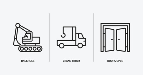 construction outline icons set. construction icons such as backhoes, crane truck, doors open vector. can be used web and mobile.