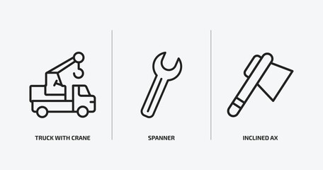 construction outline icons set. construction icons such as truck with crane, spanner, inclined ax vector. can be used web and mobile.