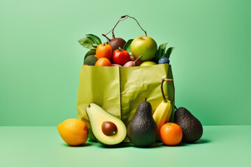 Green bag with fruits and vegetable on light green background - Generative AI