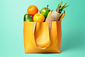 Yellow shopping bag with fruits and vegetables on light green background - generative ai
