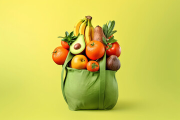 Green bag with fruits and vegetable on light green background - Generative AI