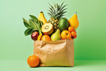 Paper bag with vegetable and fruits on light green background - Generative AI