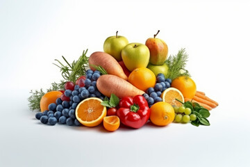 A lot of fruits and vegetables tastefully arranged against white background - Generative AI