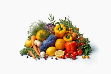 Bundle of food with fruits and vegetables against white background - Generative AI