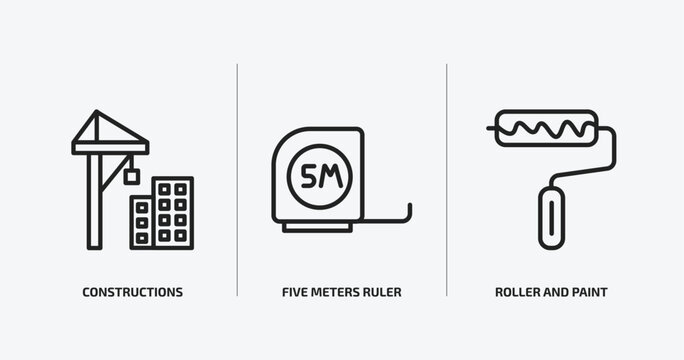 construction outline icons set. construction icons such as constructions, five meters ruler, roller and paint vector. can be used web and mobile.
