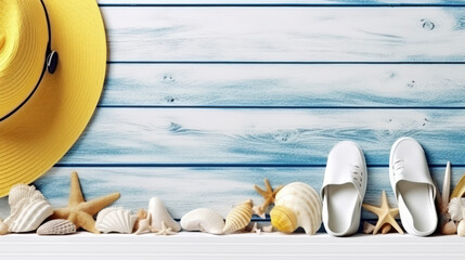 Beach scene with sandals, hats, sea shells and other sea themed items on light blue wooden board - Generative AI