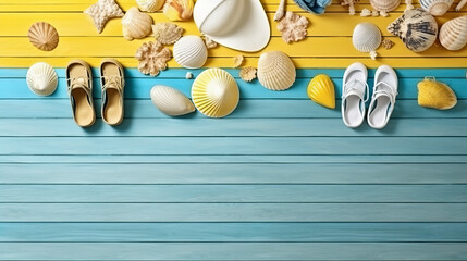Beach scene with sandals, hats, sea shells and other sea themed items on light blue wooden board - Generative AI