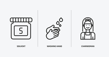 cleaning outline icons set. cleaning icons such as solvent, washing hand, charwoman vector. can be used web and mobile.