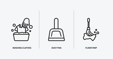 cleaning outline icons set. cleaning icons such as washing clothes, dust pan, floor mop vector. can be used web and mobile.