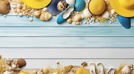 Beach scene with sandals, hats, sea shells and other sea themed items on light blue wooden board - Generative AI