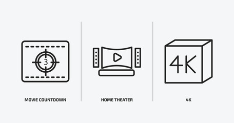 cinema outline icons set. cinema icons such as movie countdown, home theater, 4k vector. can be used web and mobile.