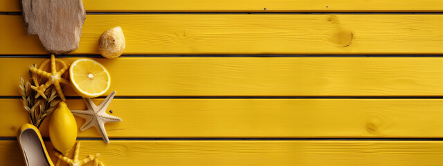 Yellow wooden board with sea shells and other sea themed items  - Generative AI