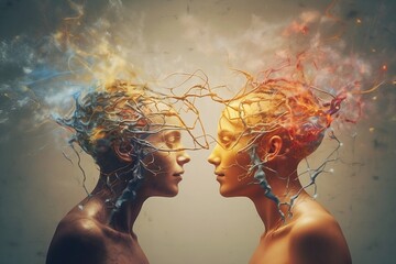 Illustration, two people connecting. Concept for telepathy, mind-reading, empathy, communication. Generative AI
