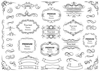 Calligraphic design elements . Decorative swirls or scrolls, vintage frames , flourishes, labels and dividers. Retro vector illustration